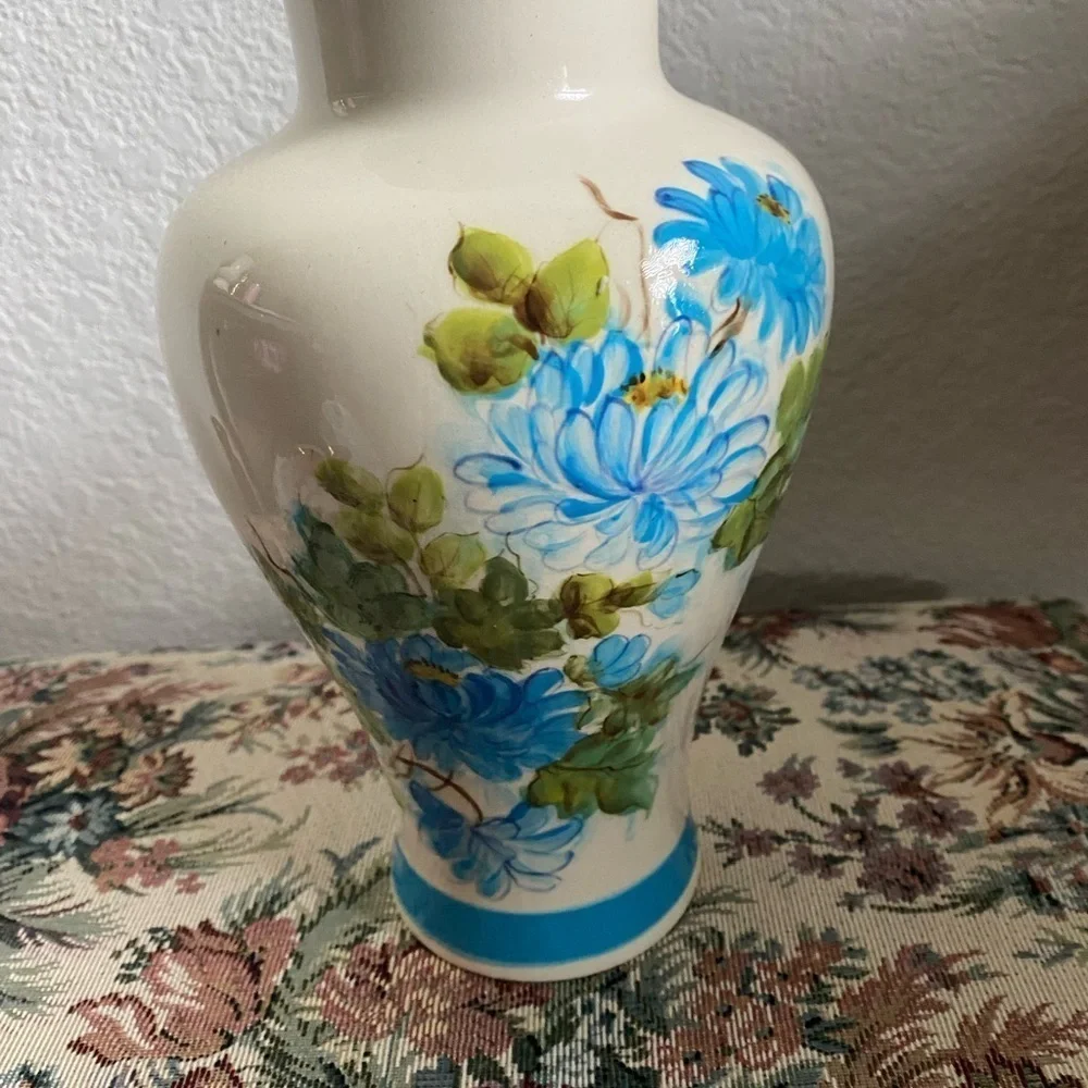 Vintage Hand Painted Floral Blossoms Ceramic Vase with Blue Accents 9.5”H